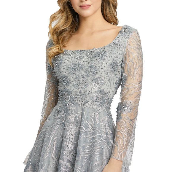 Mac Duggal Dove Grey Jeweled Encrusted Long Sleeve Square Neck Gown - Reemoly - Picture 3 of 3